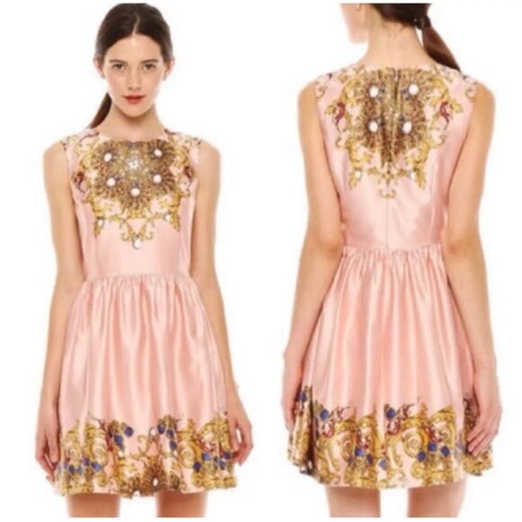 Joe Fresh Fit & Flare Pink Satin Cocktail Dress Size 8 Gold Blue Baroque Design - Picture 1 of 12